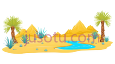 沙漠景观,卡通,黄色, 绿色, 蓝色PNG