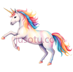 独角兽,卡通,白色身体, 多彩鬃毛,尾巴PNG