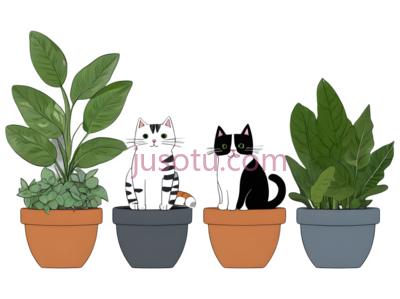 盆栽,猫咪,卡通,白色,黑色, PNG