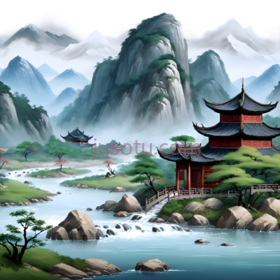 山水画,中国传统水墨画,蓝色,绿色,白色, PNG