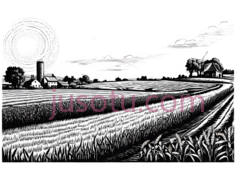 麦田,风车,月亮,云朵,插画,黑白PNG