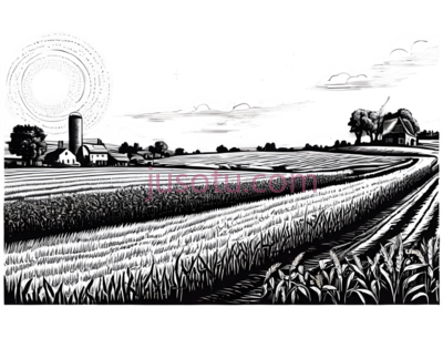 麦田,风车,月亮,云朵,插画,黑白, PNG