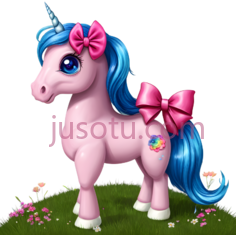 独角兽,卡通,粉色身体, 蓝色鬃毛,尾巴PNG