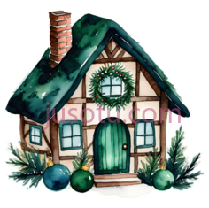小屋,水彩画,绿色屋顶, 白色墙壁PNG