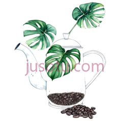 绿萝,咖啡壶,豆子,水彩画PNG