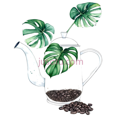 绿萝,咖啡壶,豆子,水彩画, PNG