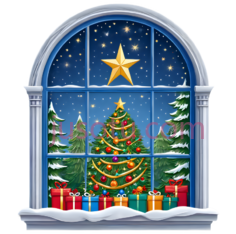 圣诞树,装饰有彩灯,星星,绿色PNG