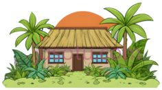 小屋,卡通,棕色屋顶,蓝色窗户框PNG