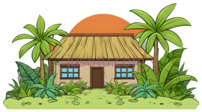 小屋,卡通,棕色屋顶,蓝色窗户框, PNG