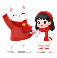 小女孩,白猫,卡通,可爱,白色,红色PNG