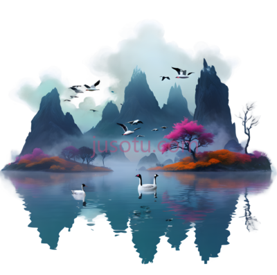 山水,树木,鸟,水墨画,蓝色,白色,黑色,粉色, PNG