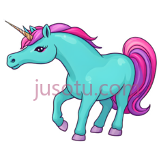 独角兽,卡通,蓝色身体, 粉色鬃毛,尾巴PNG