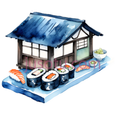 寿司店,水彩画,蓝色,白色,棕色PNG