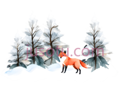 冬季,圣诞树,狼,狐狸,雪林PNG
