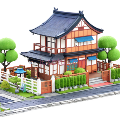 房屋,日式,橙色,白色,蓝色, PNG