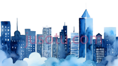城市天际线,水彩画,蓝色调PNG
