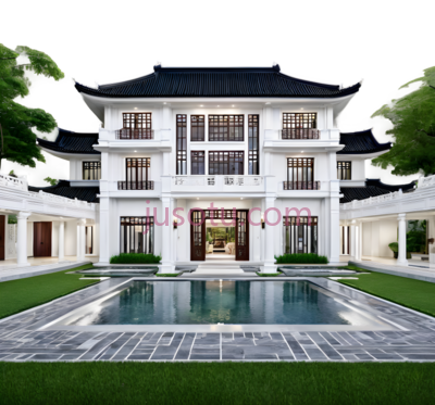 别墅,现代中式,白色, PNG