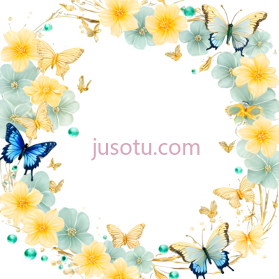花朵,蝴蝶,插画,黄色,蓝色,绿色, PNG