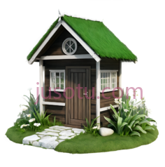 小屋,卡通,绿色屋顶,棕色主体PNG