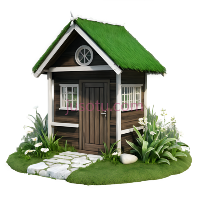 小屋,卡通,绿色屋顶,棕色主体, PNG