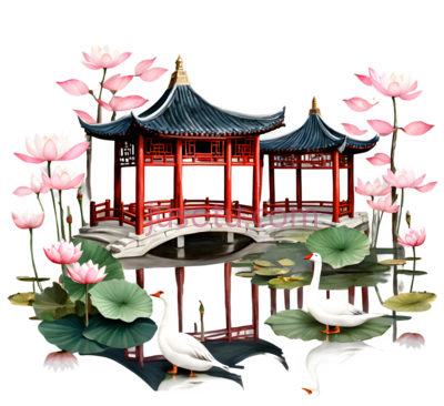 凉亭,中式建筑,红色,绿色, PNG