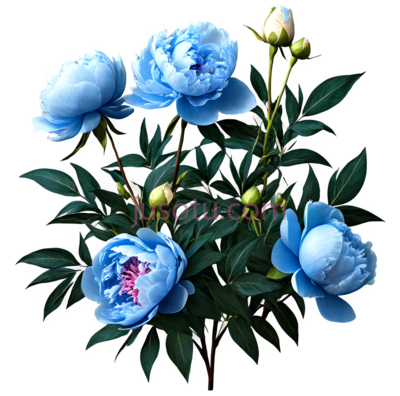 牡丹,插画,蓝色, PNG