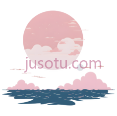 月亮,云朵,海浪,插画,粉色,白色,蓝色PNG