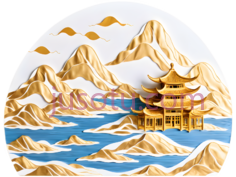 山水画,传统中国绘画,金色,蓝色,白色PNG