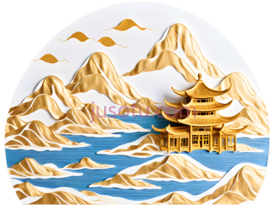 山水画,传统中国绘画,金色,蓝色,白色, PNG