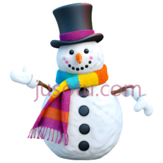 雪人,卡通,白色身体,黑色纽扣,紫色围巾,彩色条纹PNG
