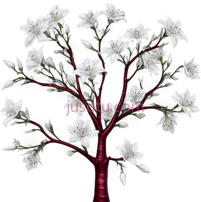 树,插画,白色花朵,红色树枝, PNG