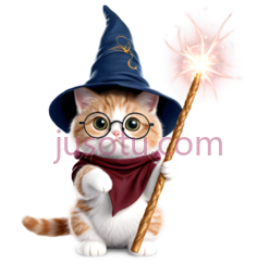 猫,戴着眼镜,魔法帽,白色带橙色条纹PNG