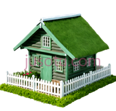 小木屋,乡村,绿色屋顶,白色围栏PNG
