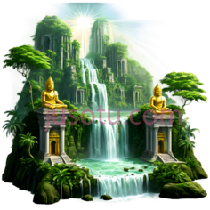 丛林,瀑布,金色雕塑,寺庙,绿色,阳光PNG