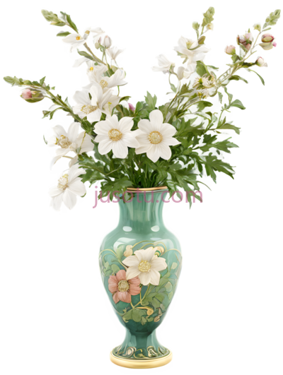 花瓶,传统花卉图案,绿色, PNG