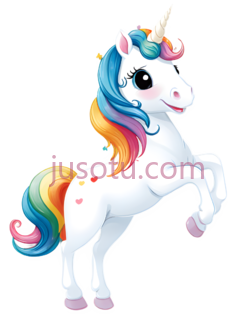 独角兽,卡通,白色身体, 多彩鬃毛,尾巴PNG