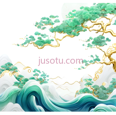 山水画,中国传统水墨画,绿色,白色,金色, PNG