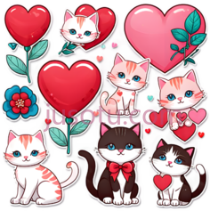 小猫,心形气球,花朵,卡通,蓝色PNG