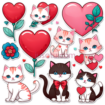 小猫,心形气球,花朵,卡通,蓝色, PNG