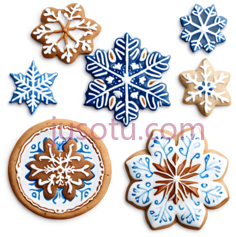 雪花形状饼干,圆形饼干,白色,蓝色图案PNG