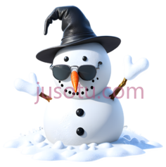 雪人,卡通,白色身体, 黑色帽子, 橙色胡萝卜鼻子PNG