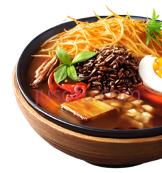 泡面,美味可口,黑色碗装着黄色面条,红色汤底PNG
