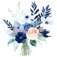 花束,水彩画,蓝色,白色,粉色PNG