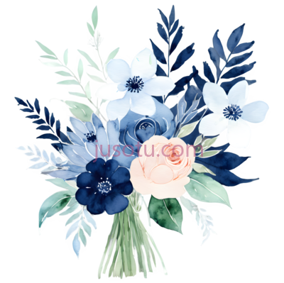花束,水彩画,蓝色,白色,粉色, PNG