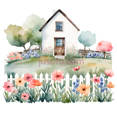 房子,水彩画,白色,棕色,绿色,粉色, PNG