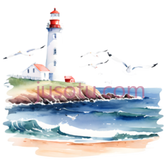水彩,海滩,海鸥,灯塔PNG
