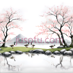 樱花树,鹤,水墨画,粉色,黑色,白色PNG