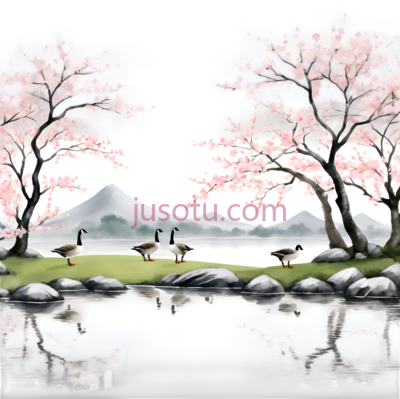 樱花树,鹤,水墨画,粉色,黑色,白色, PNG