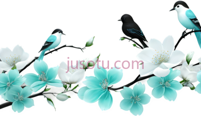 鸟,花,插画,蓝色,白色, PNG