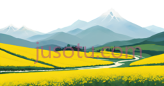 山脉, 风车, 小路, 田野,卡通,蓝色, 绿色, 黄色PNG
